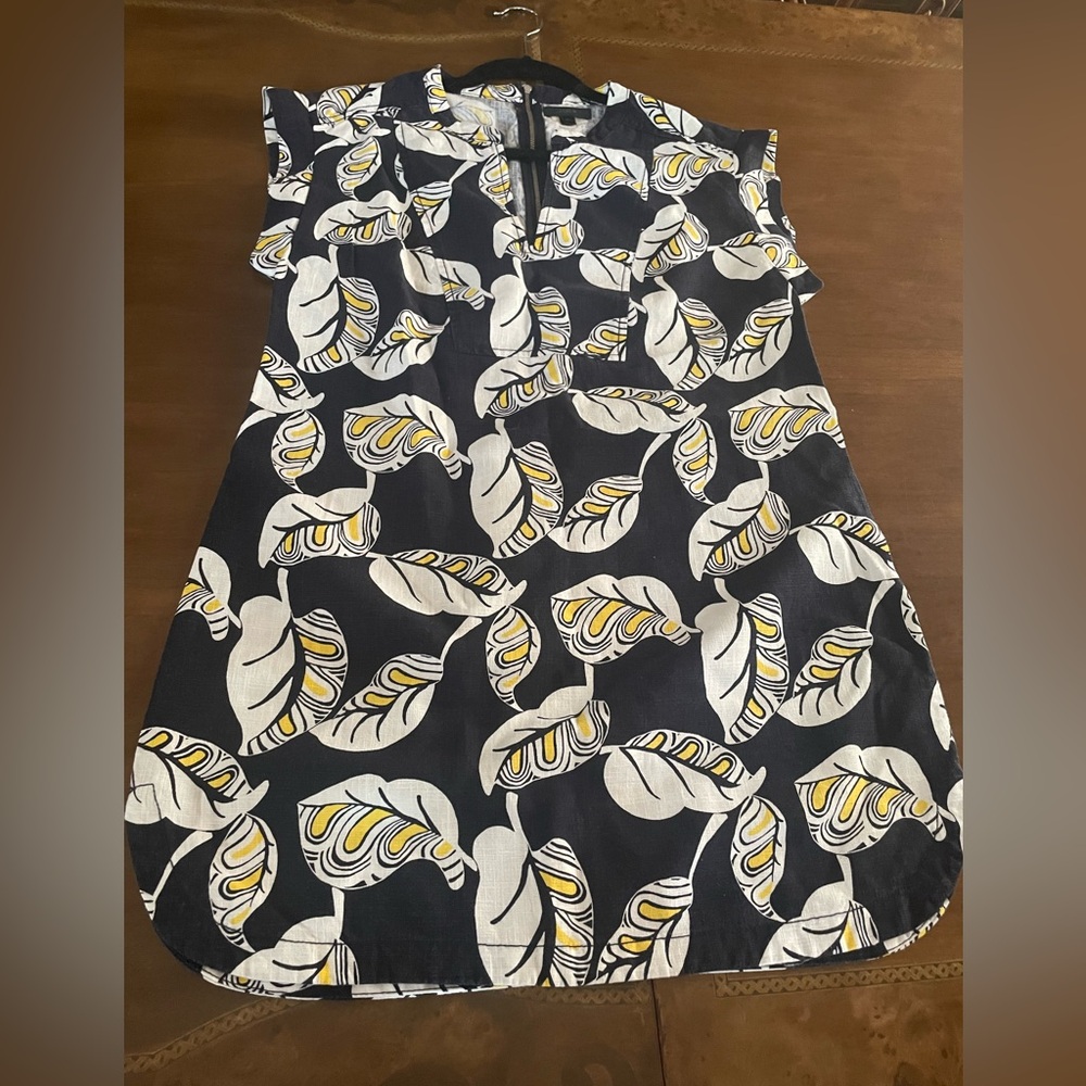 J. Crew Black Mini Dress with White and Yellow Leaf Print